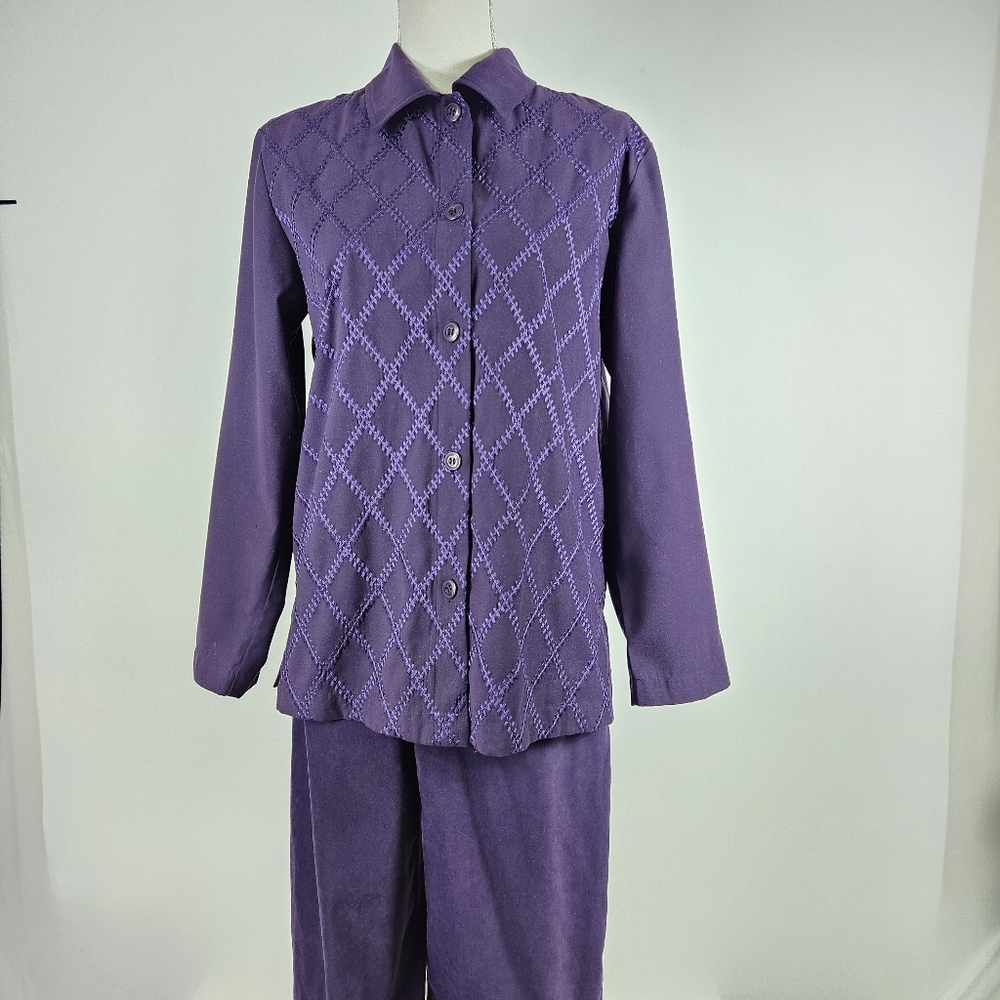 80s 90s Vintage Jennifer Moore Purple Embroidered Pantsuit Size Small